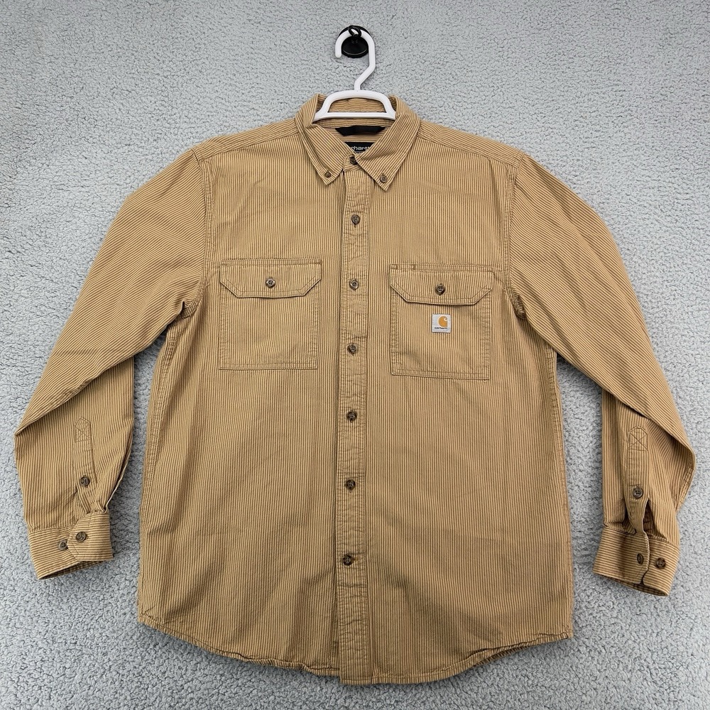 Carhartt Men's Button Up Work Shirt Medium Loose Fit Brown Stripe Long Sleeve